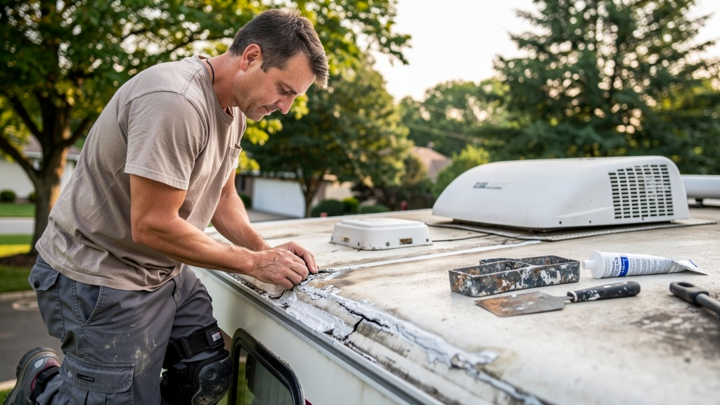 Mobile RV technician checking a roof seam on a camper in Nashville