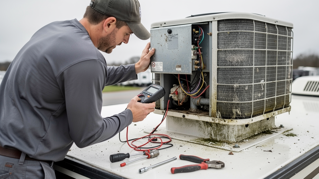 Technician testing electrical components in a rooftop RV air conditioner