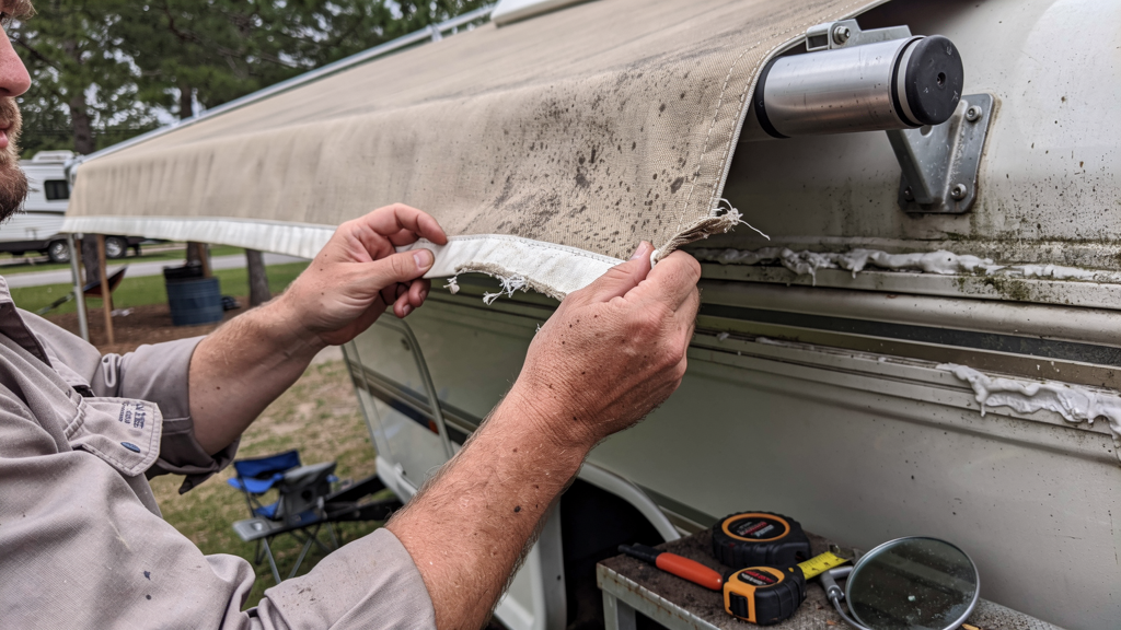 Worn RV awning fabric being inspected along the roller edge