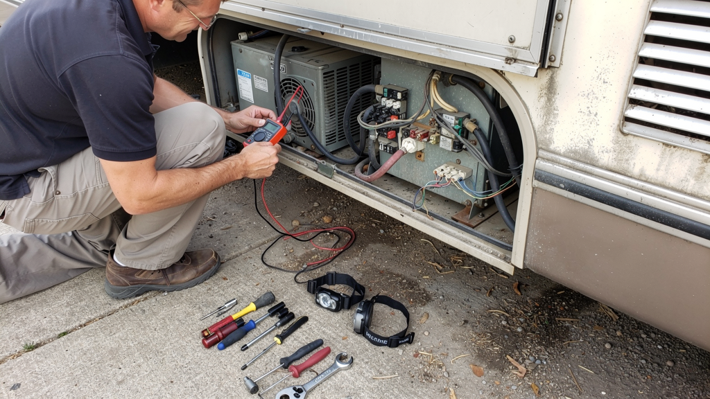 Technician checking an RV electrical panel