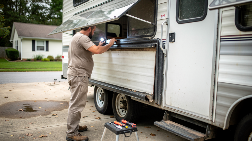Mobile RV technician checking for moisture beside a travel trailer