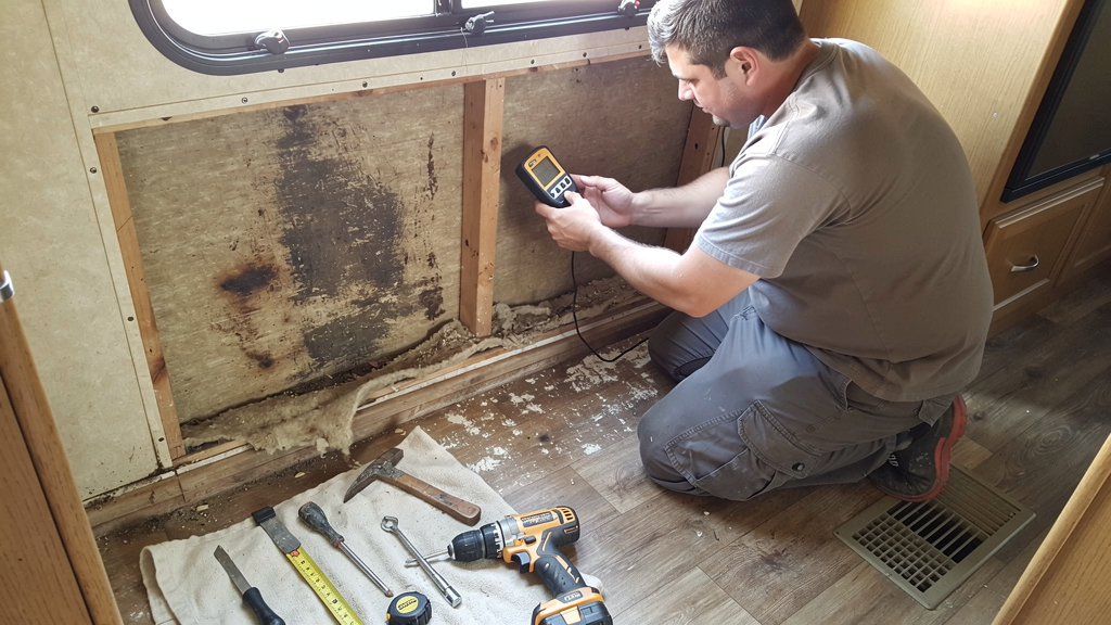 Technician inspecting water-damaged flooring inside an RV